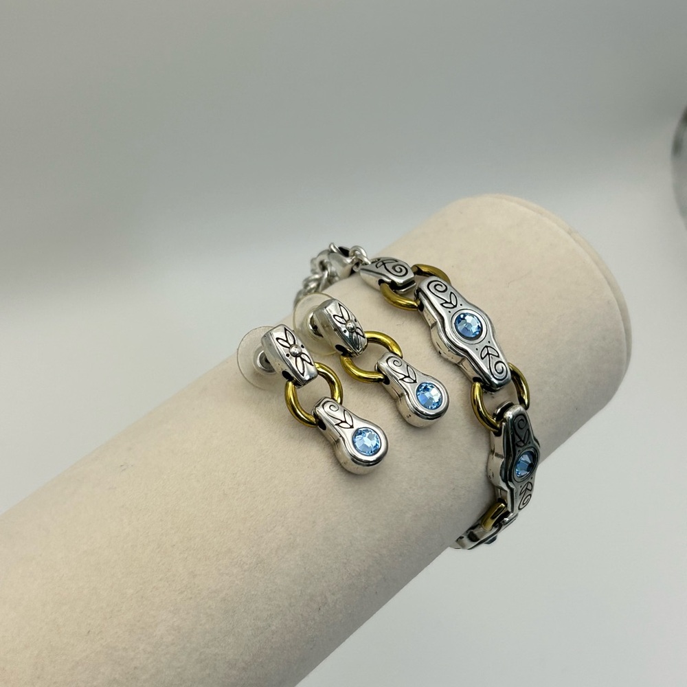 Brighton Celestial Blue Bracelet & Earrings Set Blue Crystals Two-tone Links - Picture 4 of 13